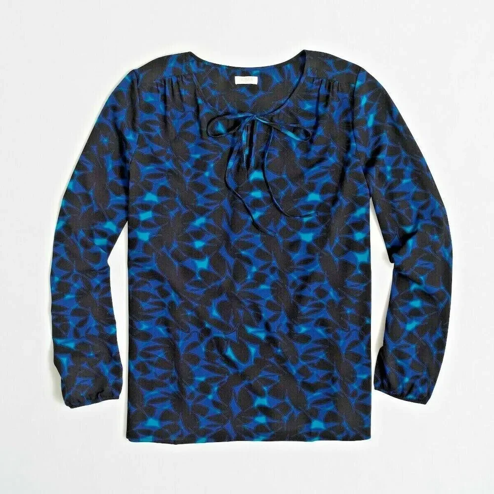 NWT J Crew Women Sheer Blouse Floral Blue Black Long sleeve Relax Fit